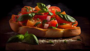 Fresco tomate y queso Mozzarella en rústico ciabatta un pan generado por ai foto