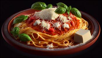 Fresh pasta with tomato sauce and parmesan cheese generated by AI photo