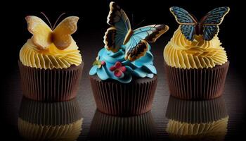 Delightful gourmet cupcakes baked with indulgent chocolate icing generated by AI photo