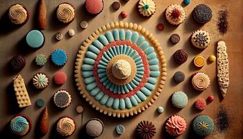 Multi colored seashell collection arranged in decorative wheel generated by AI photo