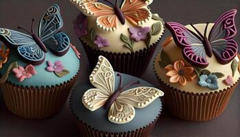 Cupcake decorated with chocolate icing and flower ornament generated by AI photo