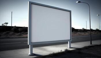 An empty billboard stands roadside blank and blue generated by AI photo