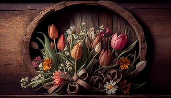 Nature beauty captured in floral wood decor generated by AI photo