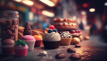 A close up of freshly baked cupcakes with icing generated by AI photo