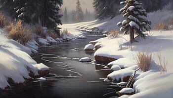 Snowy forest landscape tranquil scene, coniferous trees, frozen river generated by AI photo