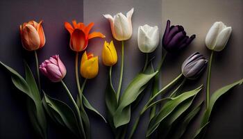 A vibrant bouquet of multi colored tulips outdoors generated by AI photo