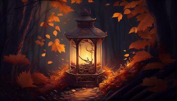 Glowing lanterns light up an autumn night scene generated by AI photo