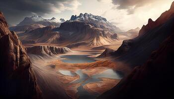 Mountain landscape Majestic peak, tranquil reflection, stunning sunset generated by AI photo