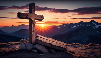 Mountain cross silhouette against majestic sunset sky , photo