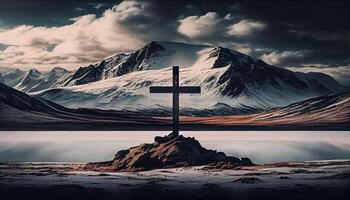 Christian cross on majestic mountain peak at sunset , photo