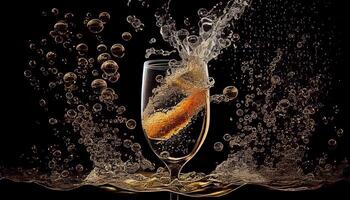 Liquid bubbled, drops splashed, celebrating with champagne generated by AI photo