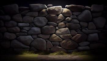 Old brick wall stacked with textured stones , photo