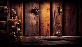 Wooden plank table with rustic design outdoors , photo