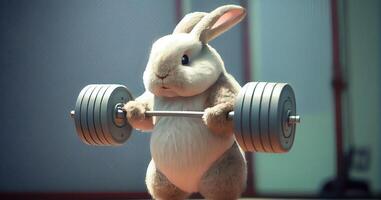 Muscular rabbit lifting weights at health club gym , photo