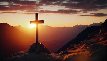 cristiano cruzar en montaña pico a puesta de sol ,generativo ai foto