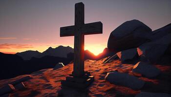 Christianity Sunset against mountain cross silhouette signifies religion , photo