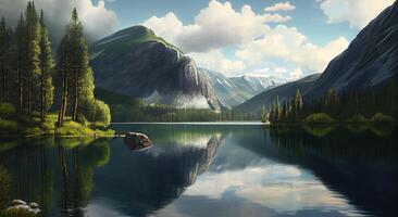 Tranquil mountain reflection in idyllic wilderness meadow , photo