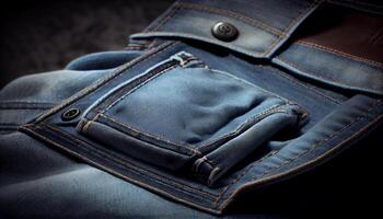 Jeans' close up denim pocket with metal zipper , photo