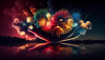 Night celebration with fireworks exploding in multi colored backgrounds , photo