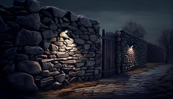 Dark old building feature in rural scene surrounded by stone wall , photo
