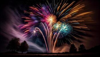 Night explodes with multi colored fireworks illuminating celebration , photo