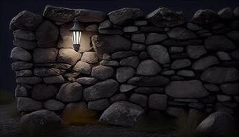 Stone wall old lantern metal design rustic backdrop , photo