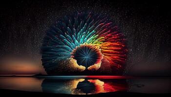 Night sky exploding abstract multi colored celebration illustration , photo