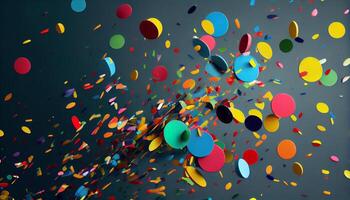 A bright multi colored backdrop with falling confetti , photo