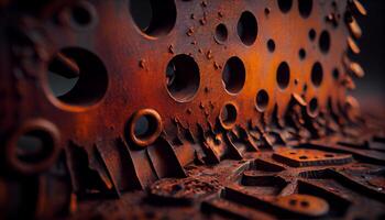 Rusty metal wheel in old factory machinery , photo