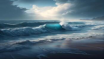 Breaking wave crashes on blue seascape at dusk , photo