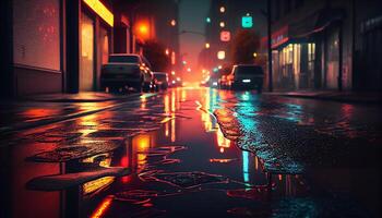 Rainy night car headlights traffic reflective street , photo