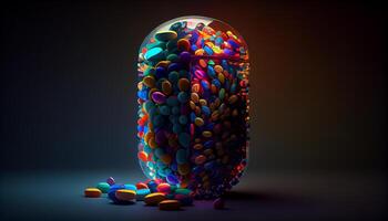 Multi colored pill on dark background medicine abstract , photo