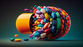 A collection of prescription medicine in colorful capsules , photo