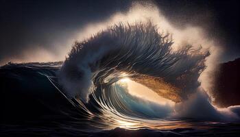 Waves crash in nature majestic sunset splendor ,generative AI photo