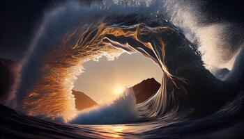 Wave crashes against majestic coastline at dusk , photo