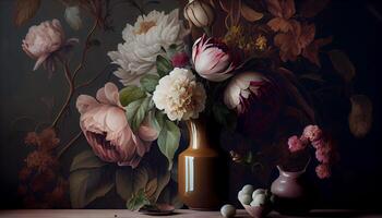 Floral still life on rustic wood table , photo