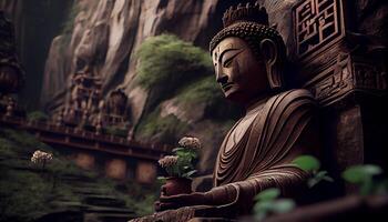 Buddhist sculpture in tranquil scene ancient architecture meditation , photo