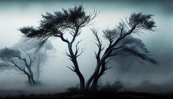 Spooky fog blankets spooky forest terrain mysteries , photo