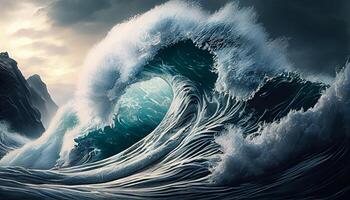 Breaking waves spray over majestic coastline at dusk , photo