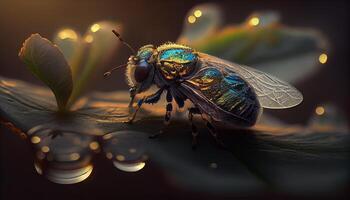 pequeño amarillo mosca en verde hoja naturaleza belleza ,generativo ai foto