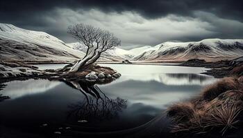 Nature beauty reflected in tranquil snowy mountainscape , photo