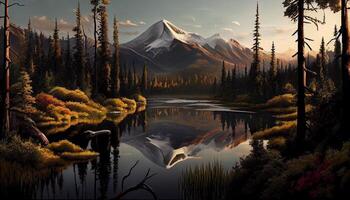 Tranquil autumn forest reflects on serene pond , photo