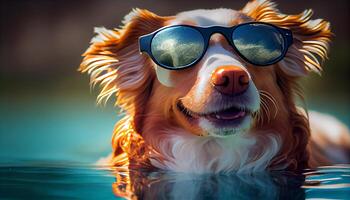 Cute puppy in sunglasses looking outdoors playful , photo