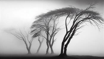 Silhouette of tree in spooky foggy landscape , photo