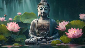 Buddhist meditates in tranquil pond surrounded by lotus , photo