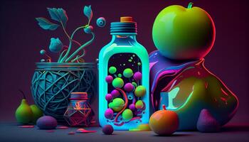 orgánico Fruta lleno botella con multi de colores decoración ,generativo ai foto