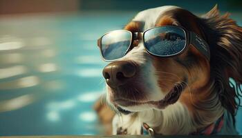 Cute canine wearing sunglasses smiles outdoors by pool ,generative AI photo