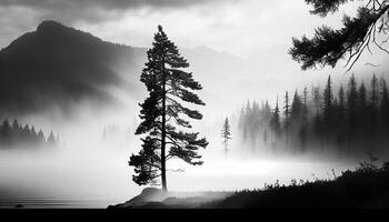 Nature tranquil scene silhouette of pine tree , photo