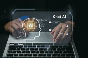 Chatbot conversation. AI online social communication, artificial intelligence digital online concept and automation software technology, CRM, virtual assistant on the Internet. photo