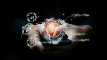 AI Artificial Intelligence and conversational chatbots businesses digital technology interact with applications, including customer service, sales and marketing and big data virtual screen. photo